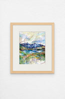 Painting of a colorful mountain with a reflective pond in front of it, on a topographical map.