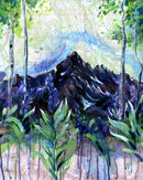 A colorful painting of a large colorado mountain framed by wildflowers and aspens.