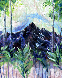 A colorful painting of a large colorado mountain framed by wildflowers and aspens.