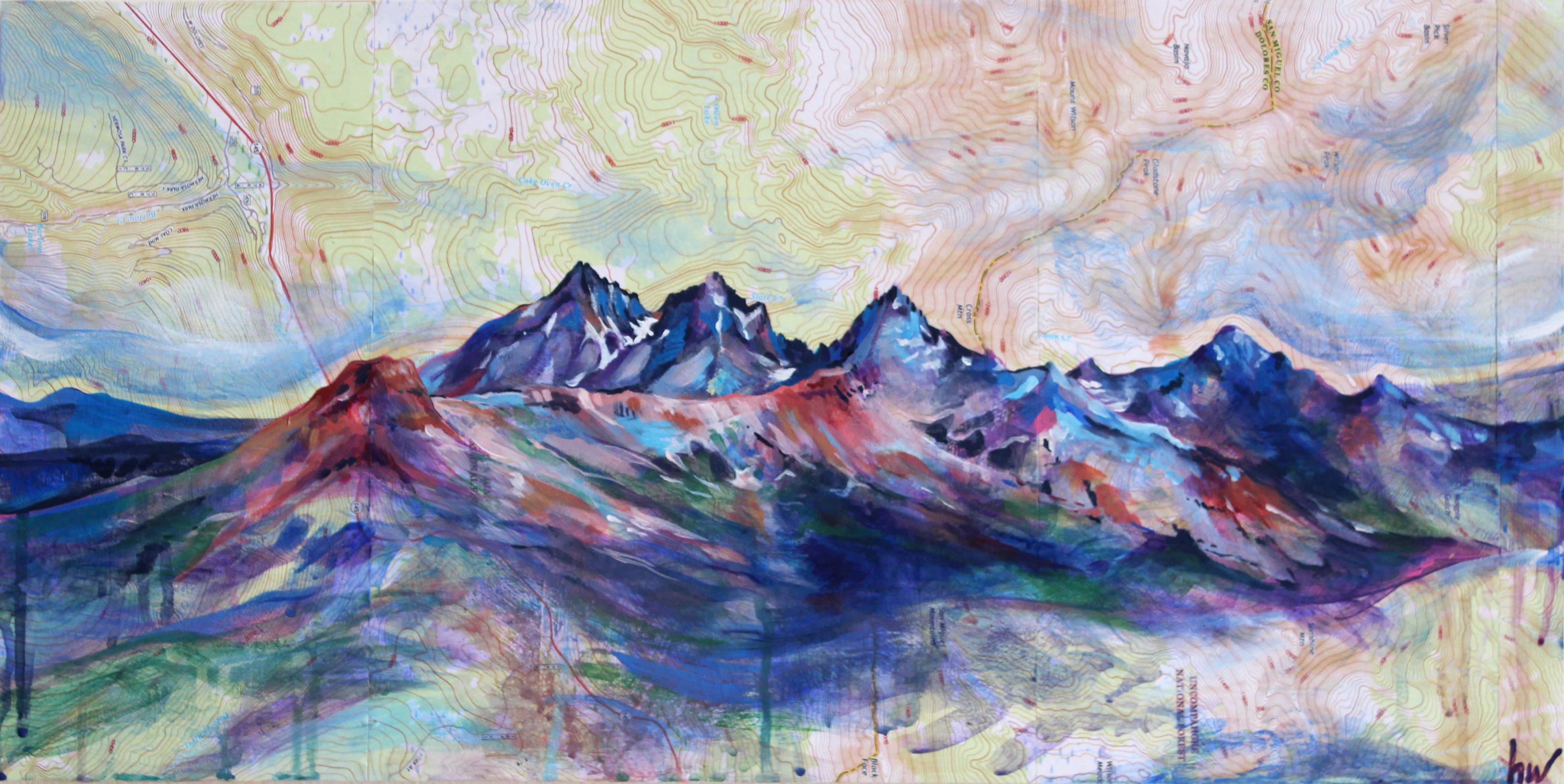 Colorful abstract painting of mountains and sky
