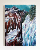 Painting of a mountain landscape with snow and trees and an ice climber scaling a frozen waterfall.