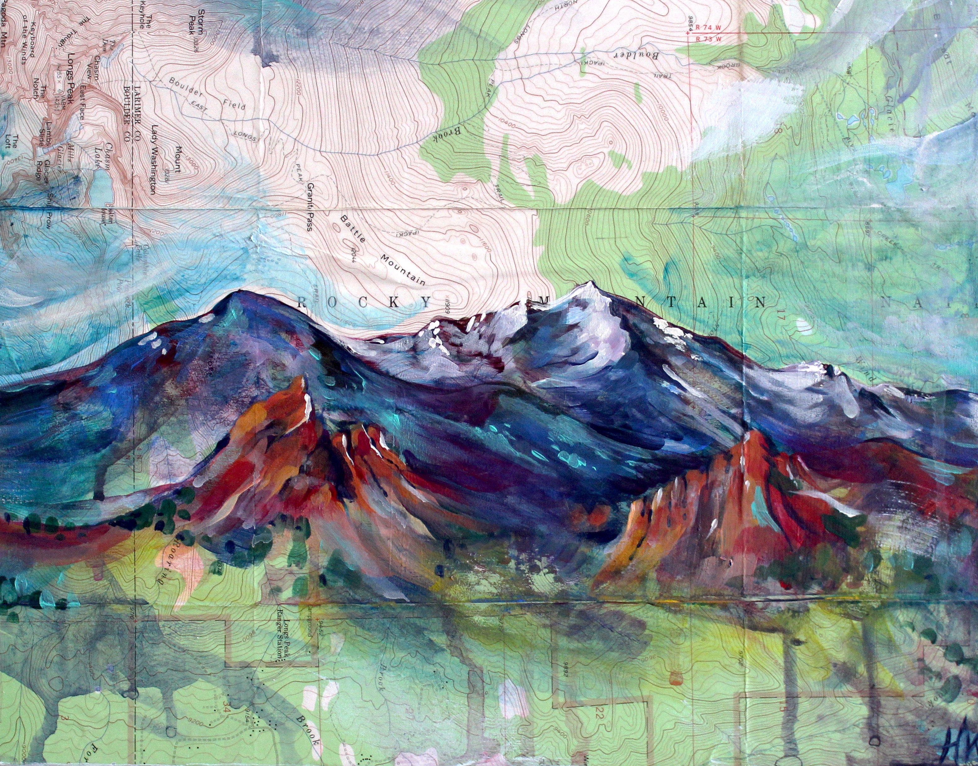 Colorful mountain landscape on a topographic map background