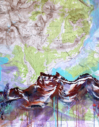 Abstract art with mountain and landscape elements on a textured map background