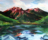 Painting of a mountain landscape with a lake