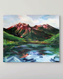 Painting of a mountain landscape with a lake