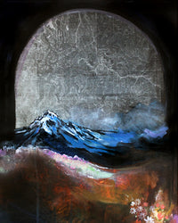 A map art print featuring a painting of a mountain range with a black arch background.