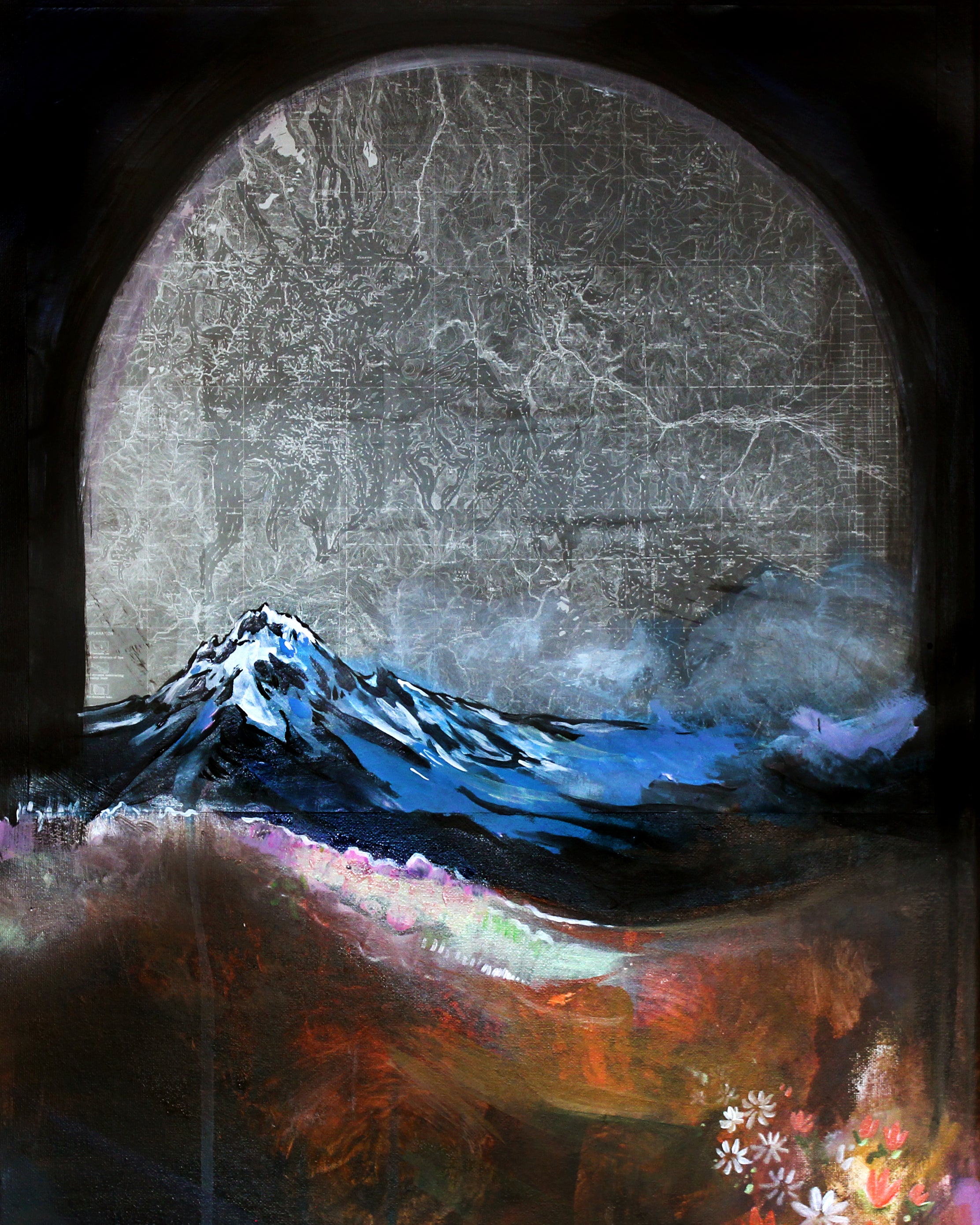 A map art print featuring a painting of a mountain range with a black arch background.