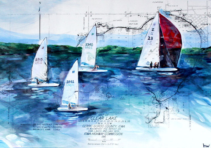 Sailing scene with multiple sailboats on a body of water, featuring a map overlay.