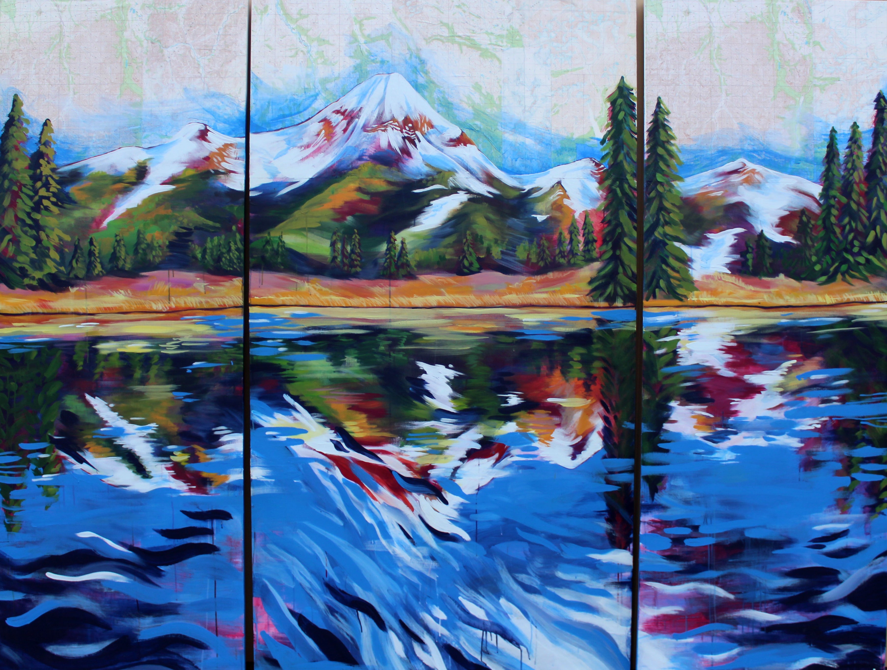 Painting of a mountain landscape with trees and a lake