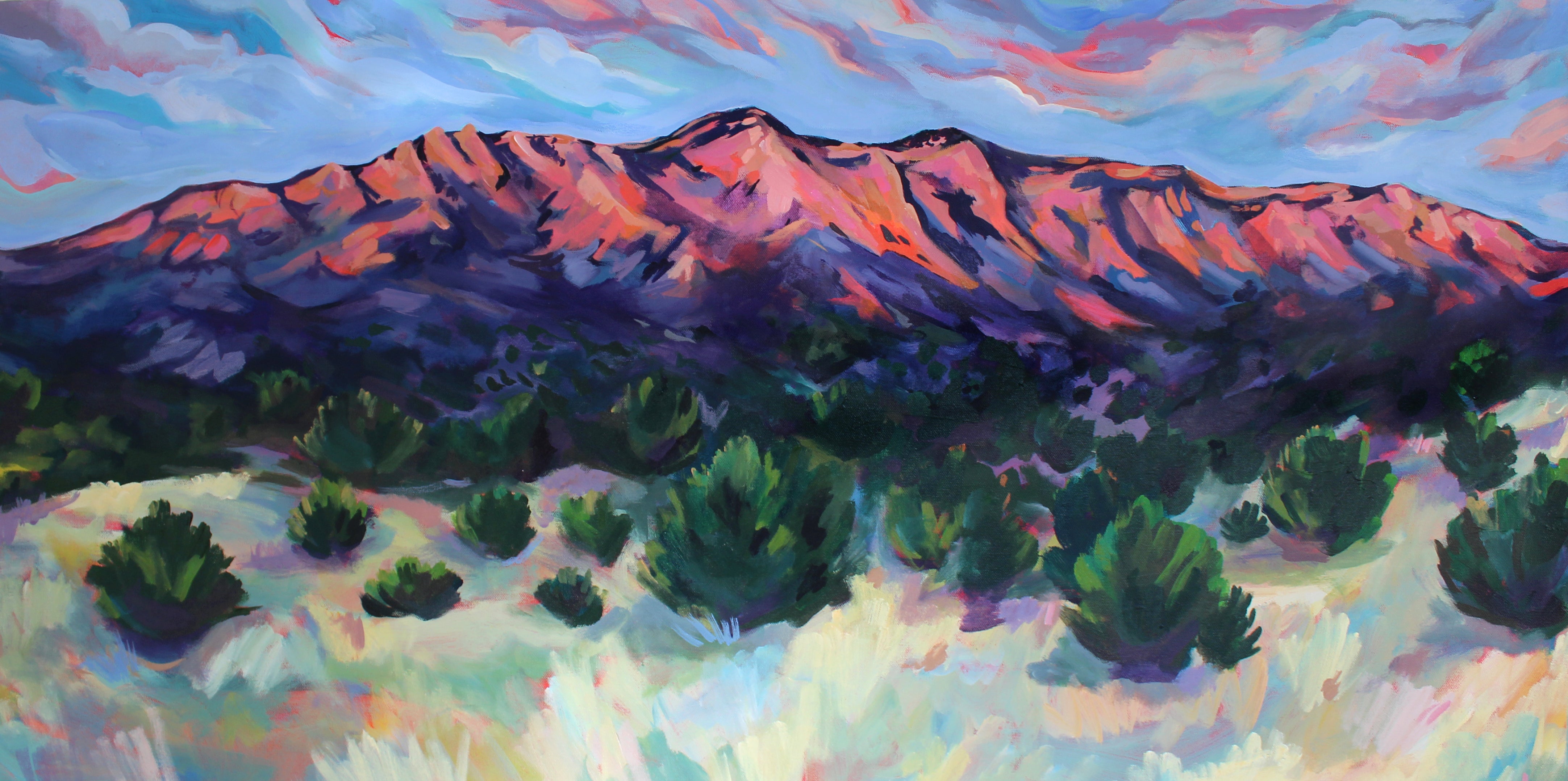 Colorful mountain landscape painting with trees in the foreground