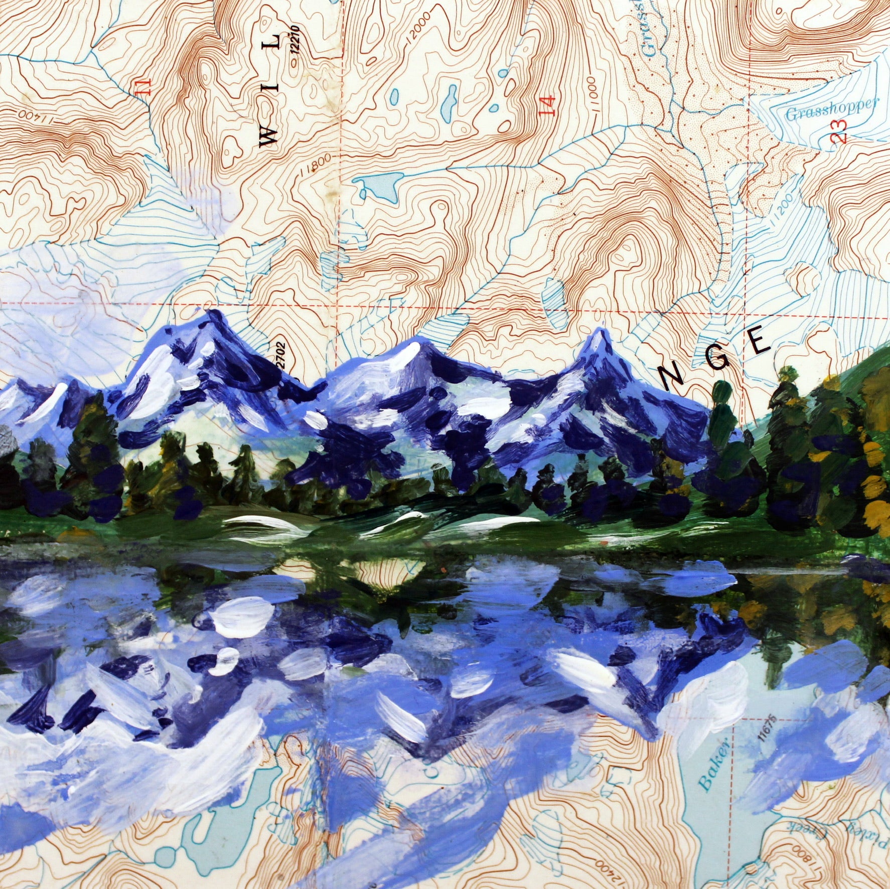 Topographic map with a stylized landscape of mountains, trees, and water.