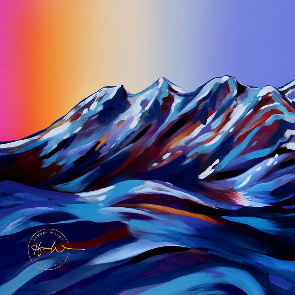 Colorful abstract mountain painting with a signature in the corner