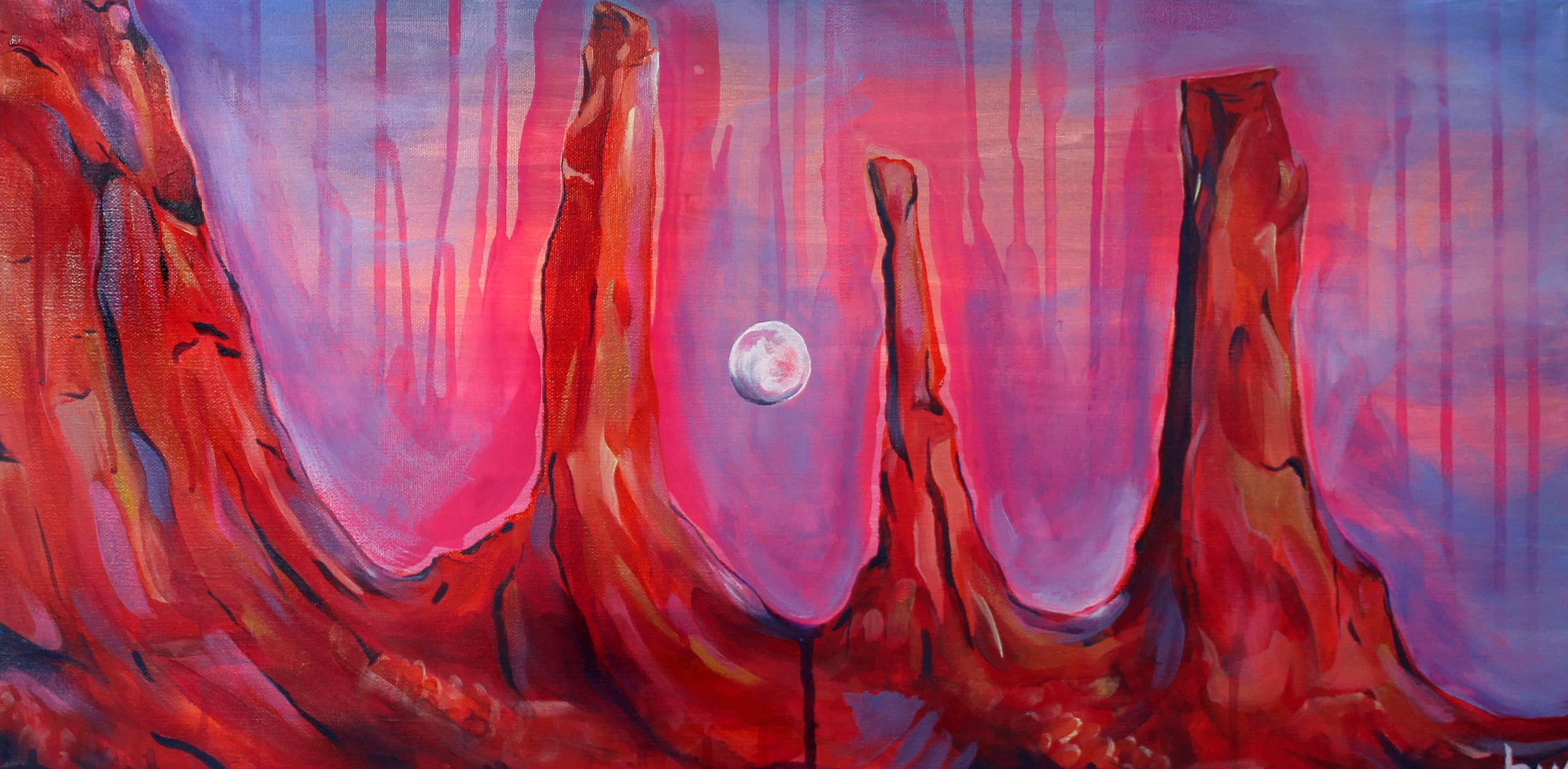 Abstract painting with red and pink hues and a moon in the center.