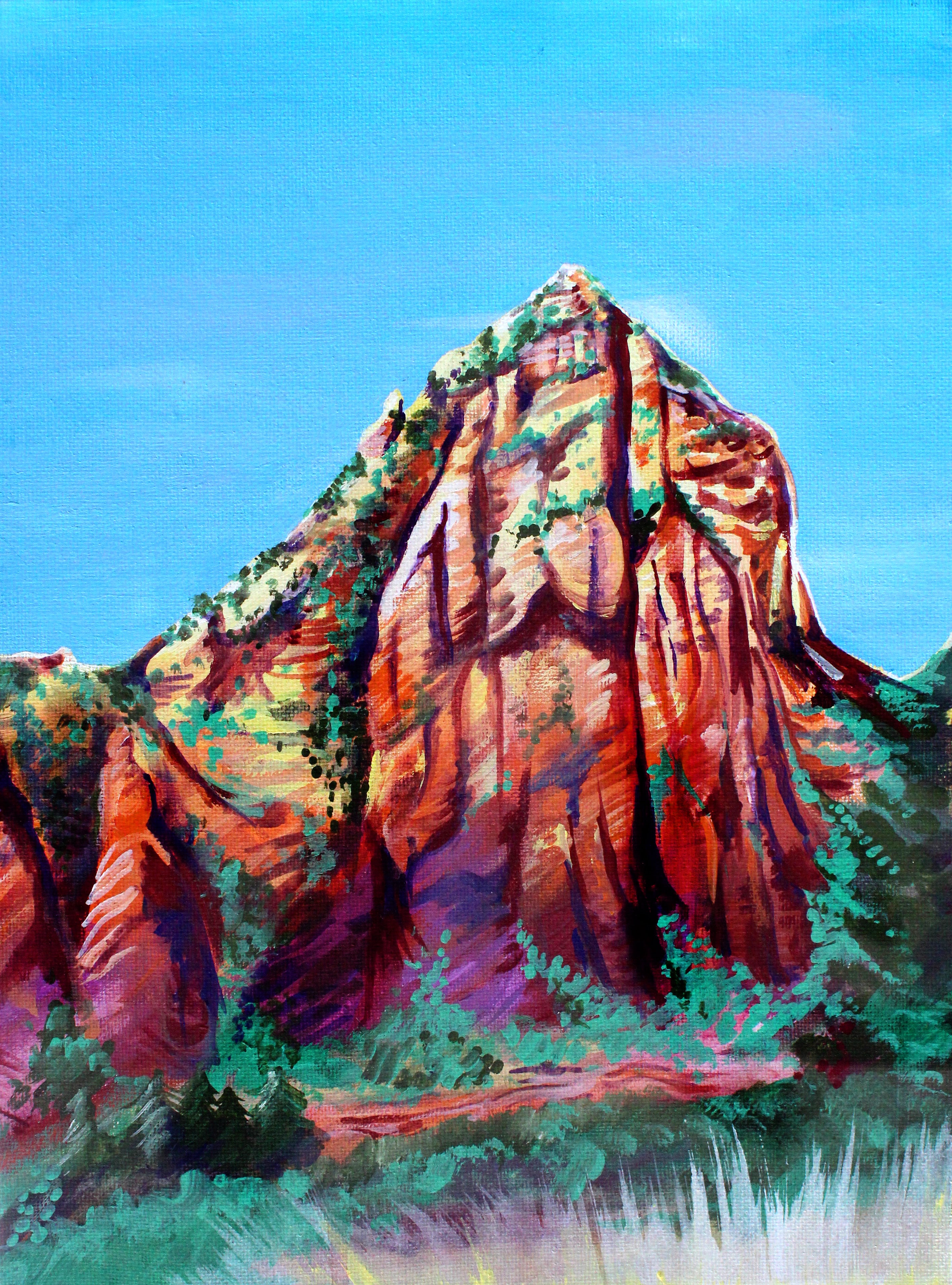 Colorful painting of a mountainous landscape with vibrant reds, greens, and blues.