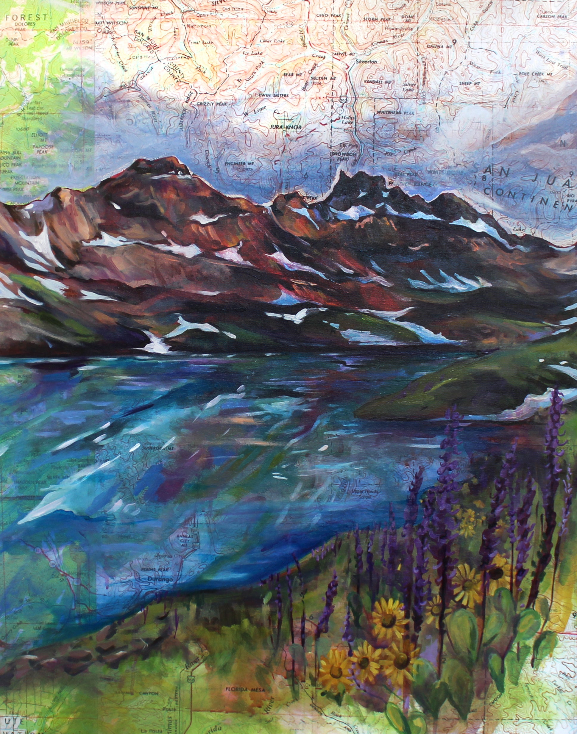 Painting of mountains and a lake with flowers on a map background