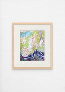 A map art print featuring a topographic representation of Twilight Peak in the San Juan Mountains, Colorado framed on a white wall.