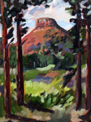 Painting of a mountain landscape with trees and grass