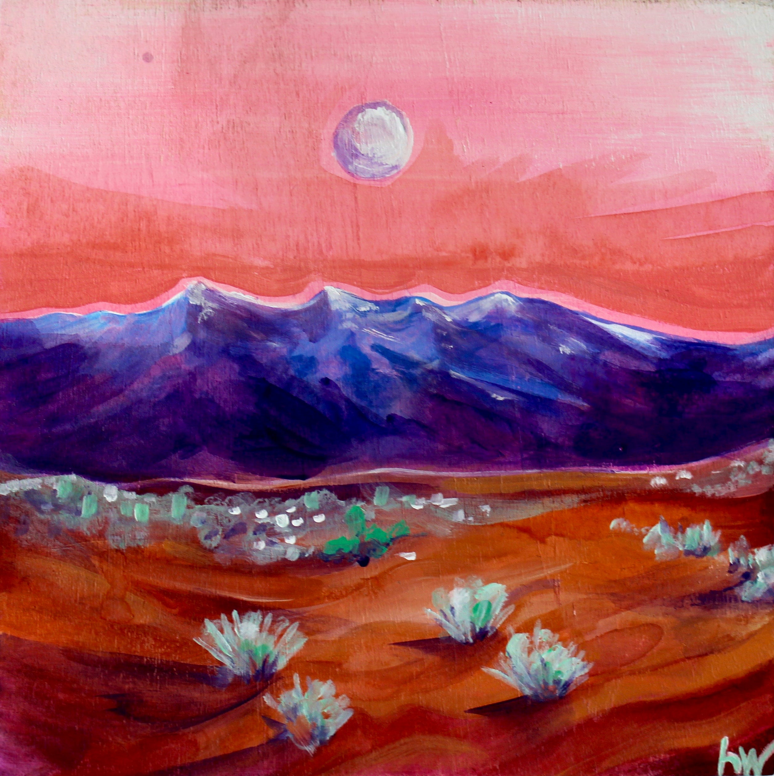 Painting of a landscape with mountains, plants, and a moon in a pink sky.