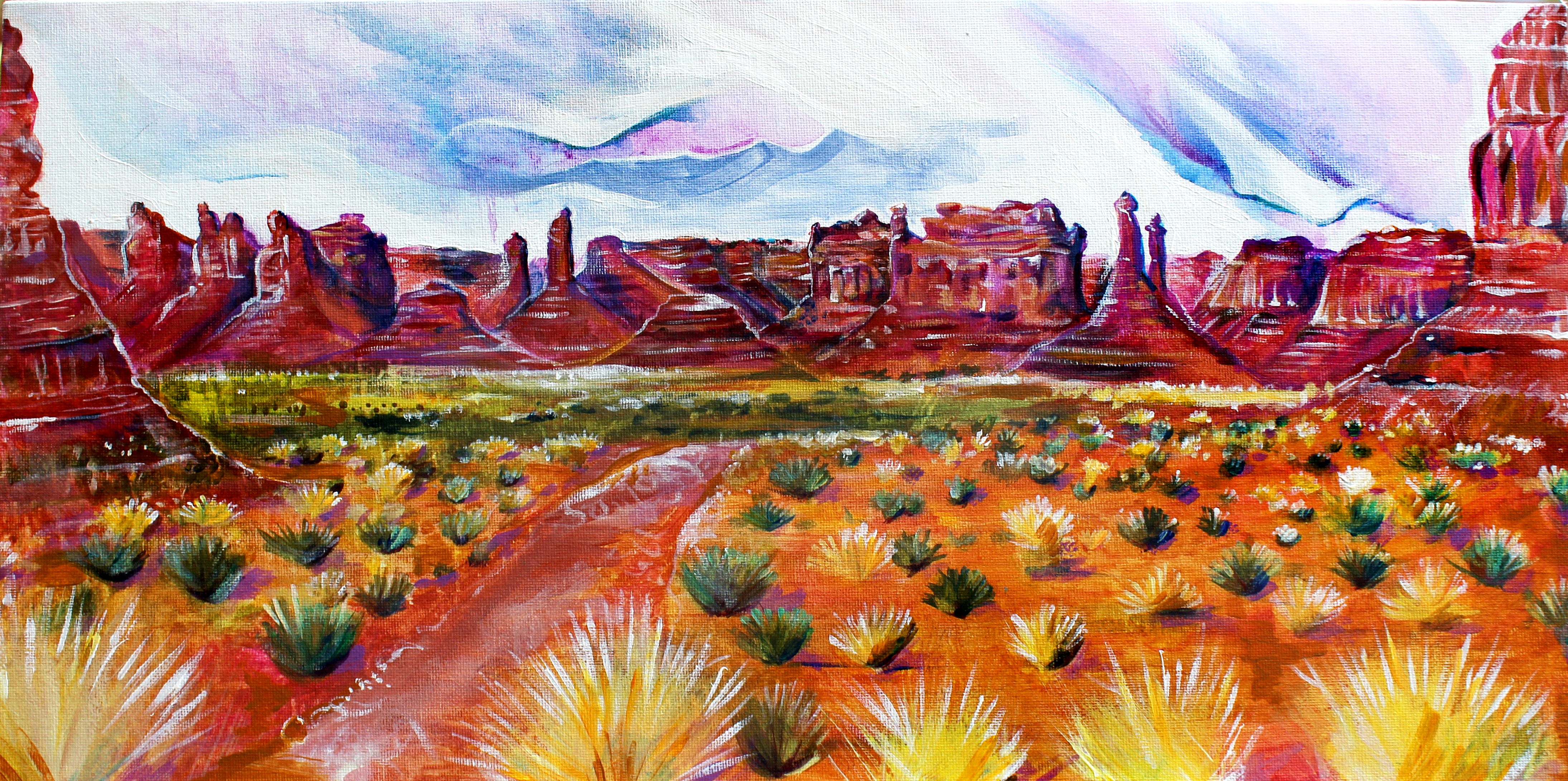 Painting of a desert landscape with red rock formations and greenery.
