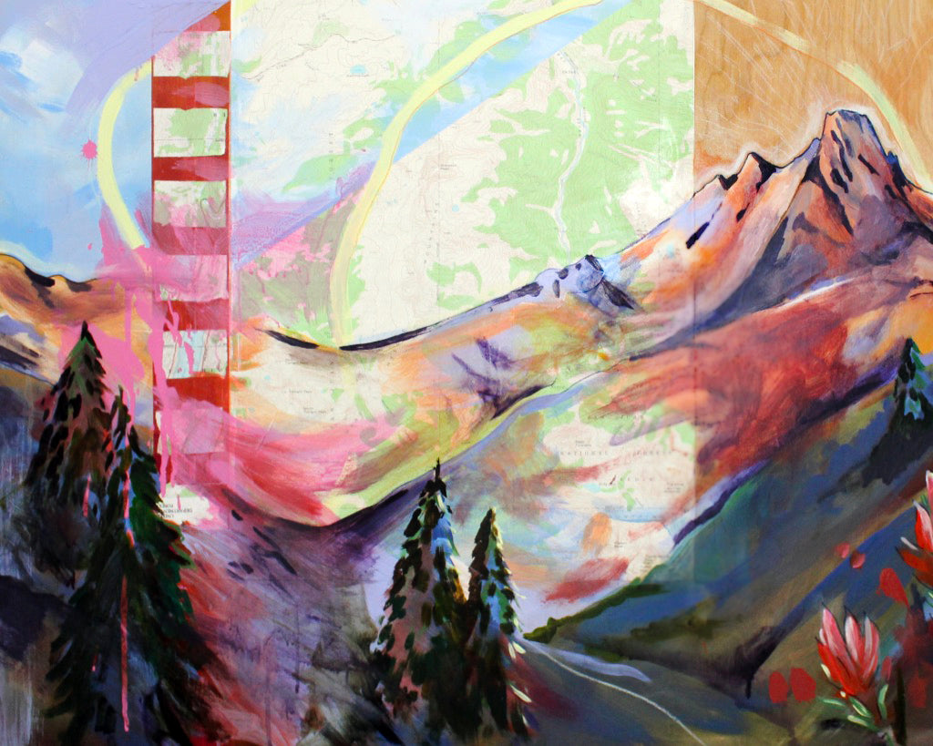 Colorful abstract painting of a mountain landscape with trees and flowers.