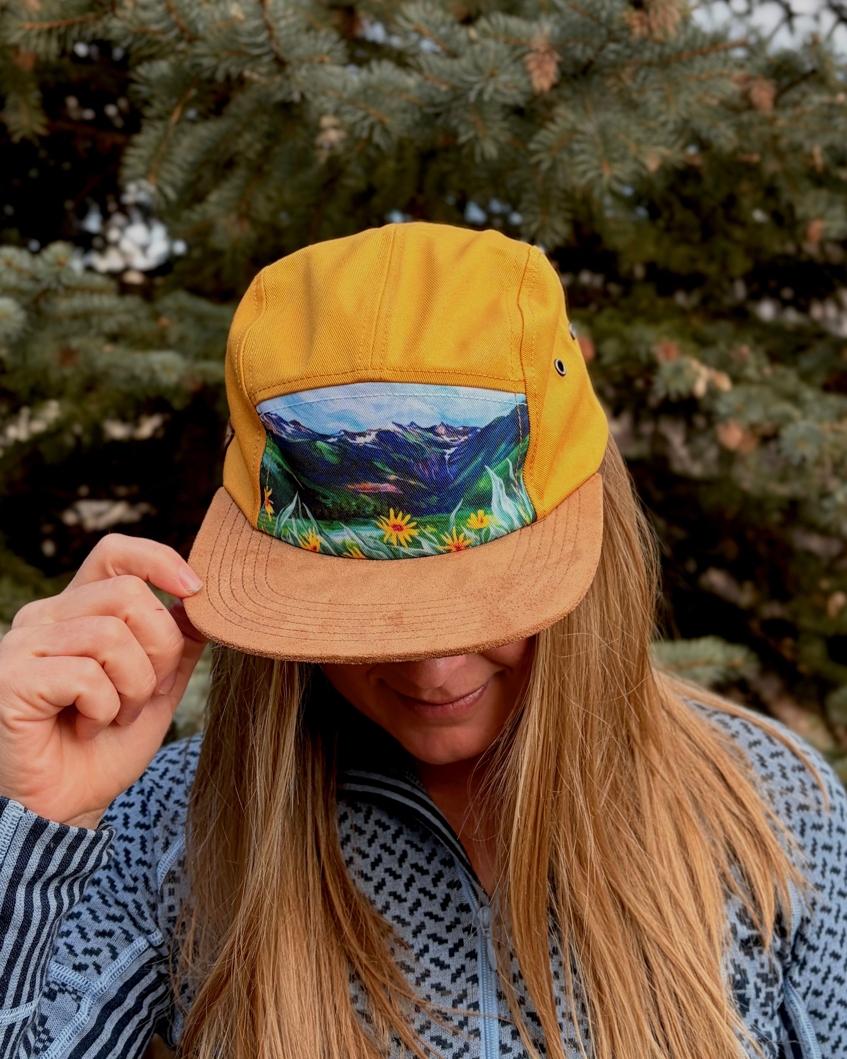 Mountain and Flower Mustard 5-Panel Hat